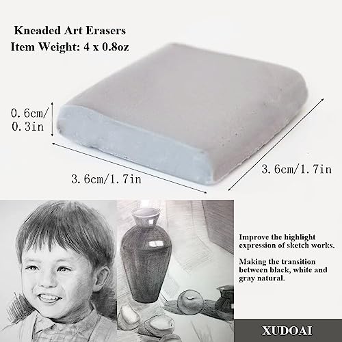 Kneaded Art Eraser, XUDOAI Grey Soft Durable Sketch Putty Rubber, Kneadable Rubber Eraser Set (4)