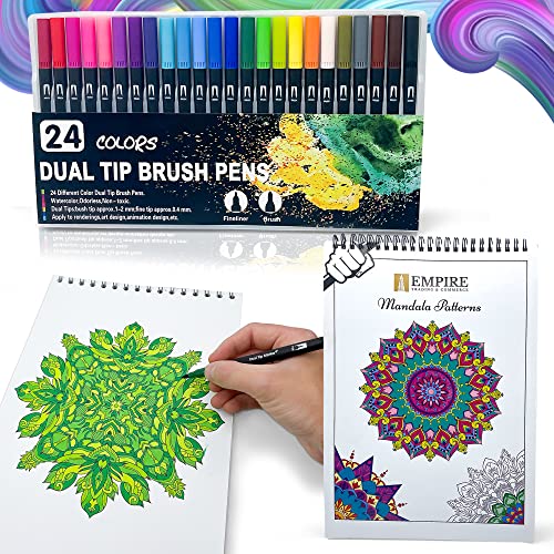 Empire 24 Dual Tip Colouring Pens with 15 Patterns Book, Felt Tip Pens, Fineliner Drwaing Brush Pens for Adults & Kids Coloured Pens Felt Tips - Art Supplies Drawing Pens for Calligraphy Painting