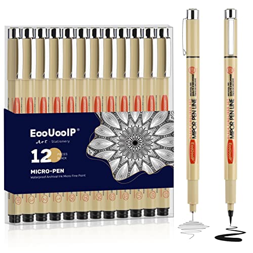 EooUooIP Micro Pen Fineliner Ink Pen, 12 Pack Fineliner Pens Set, Black Pigment Pen Fineliners Art Supplies Fine Point Sketch Pens Shading drawing Technical Drawing pen for Artist, Kids or Adult