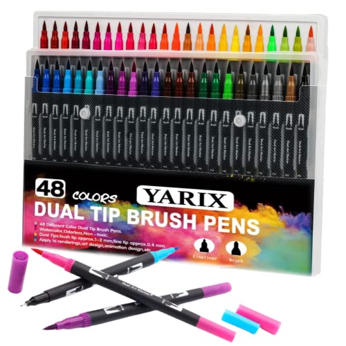 YARIX Dual Tip Brush Pens – Colouring Pens Set of 48 Coloured Pens, Felt Tip Pens – Art Supplies for Kids & Adult Colouring Books – Watercolour Art Markers for Drawing, Sketching, & Calligraphy