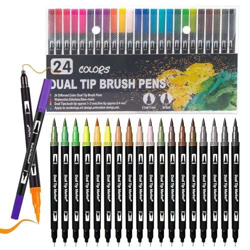 Surcotto Colouring pens, Dual Tip Brush Pens, 24 Colorful Washable Felt Tip Pens For Children And Adults, Dual Art Marker For Colouring Book Drawing Design Calligraphy Painting