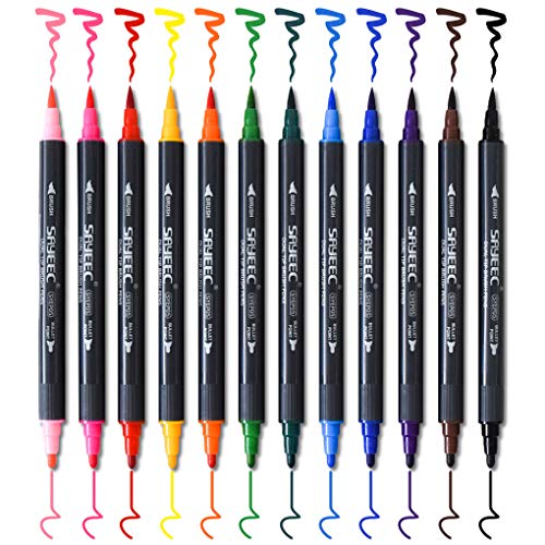 Watercolour Brush Pen Set,SAYEEC 12 Colours Dual Tip Brush Pens with Fineliner Tip Art Marker Soft Flexible Tip Durable Create Watercolor Effect - Best for Adult Coloring Book/Manga/Comic/Calligraphy