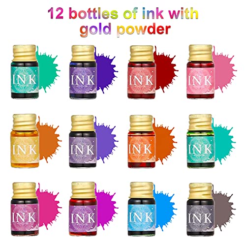 Glass Dip Pen Set 16pcs Crystal Ink Pen Set with 2 Glass Pens, 12 x 7ml Colorful Inks, Pen Holder and Cleansing Cup, Glass Dip Pen and Ink Set for Art, Writing, Drawing, Signatures, Calligraphy, Gift