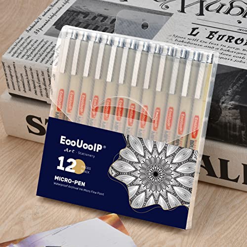 EooUooIP Micro Pen Fineliner Ink Pen, 12 Pack Fineliner Pens Set, Black Pigment Pen Fineliners Art Supplies Fine Point Sketch Pens Shading drawing Technical Drawing pen for Artist, Kids or Adult