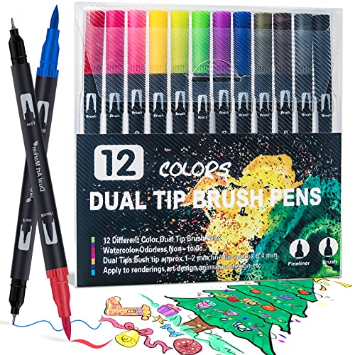 AKARUED Dual Tip Brush Pens: Felt Tip Pen Set 12 Colors Colouring Pens Art Markers for Kids and Adults Colouring Book, Art Supplies Fineliner Tip Brush Marker for Drawing Sketching