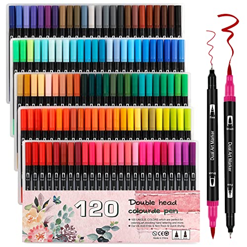 ABEIER Dual Tip Colouring Pens Brush Pens, 120 Felt Tip Pen Art Markers for Kids and Adults, Fineliner Tip Brush Marke for Drawing Sketching Calligraphy Painting