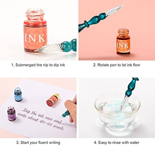 Glass Dip Pen Set 16pcs Crystal Ink Pen Set with 2 Glass Pens, 12 x 7ml Colorful Inks, Pen Holder and Cleansing Cup, Glass Dip Pen and Ink Set for Art, Writing, Drawing, Signatures, Calligraphy, Gift