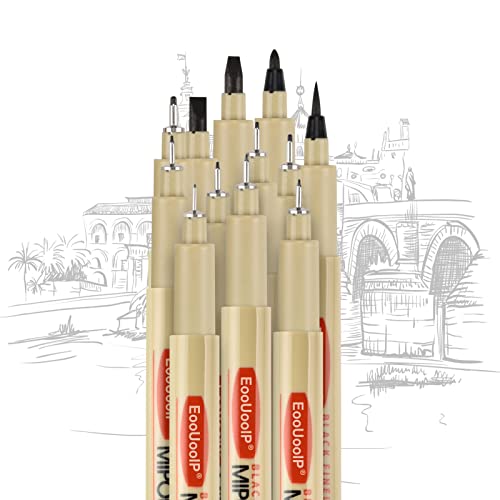 EooUooIP Micro Pen Fineliner Ink Pen, 12 Pack Fineliner Pens Set, Black Pigment Pen Fineliners Art Supplies Fine Point Sketch Pens Shading drawing Technical Drawing pen for Artist, Kids or Adult