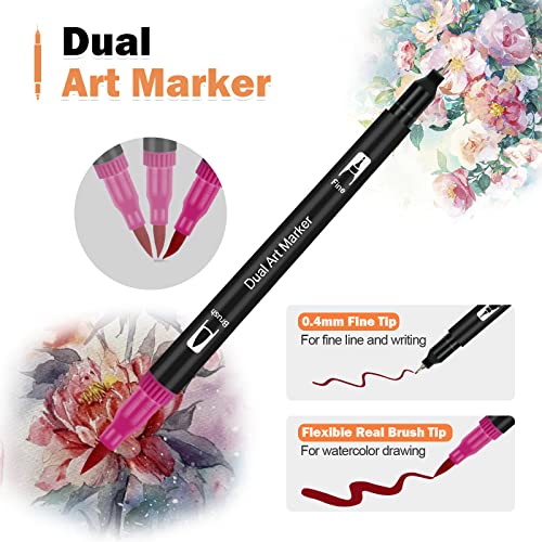 ABEIER Dual Tip Colouring Pens Brush Pens, 120 Felt Tip Pen Art Markers for Kids and Adults, Fineliner Tip Brush Marke for Drawing Sketching Calligraphy Painting