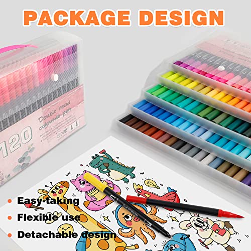 ABEIER Dual Tip Colouring Pens Brush Pens, 120 Felt Tip Pen Art Markers for Kids and Adults, Fineliner Tip Brush Marke for Drawing Sketching Calligraphy Painting