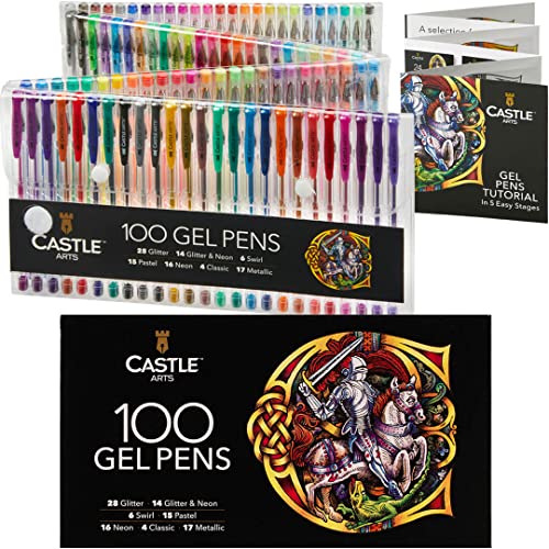 Castle Art Supplies 100 Gel Pens for Adult Colouring Set | Premium Boxed | Drawing, Scrapbooks, Journals | Amazing Colours, Effects – Swirl, Glitter, Neon, Pastel, Metallic - with Smooth, Fine Tips