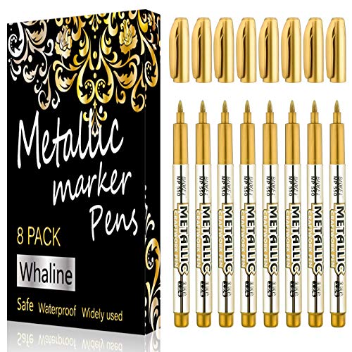 Whaline Metallic Marker Pens 8Pcs Gold Permanent Markers Pen Drawing Pen for Back to School Card Making Scrapbooking Art Crafts Wedding Guest Book