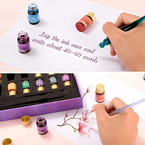 Glass Dip Pen Set 16pcs Crystal Ink Pen Set with 2 Glass Pens, 12 x 7ml Colorful Inks, Pen Holder and Cleansing Cup, Glass Dip Pen and Ink Set for Art, Writing, Drawing, Signatures, Calligraphy, Gift