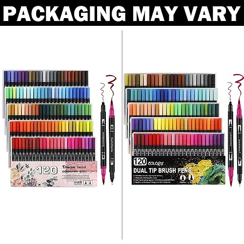 ABEIER Dual Tip Colouring Pens Brush Pens, 120 Felt Tip Pen Art Markers for Kids and Adults, Fineliner Tip Brush Marke for Drawing Sketching Calligraphy Painting