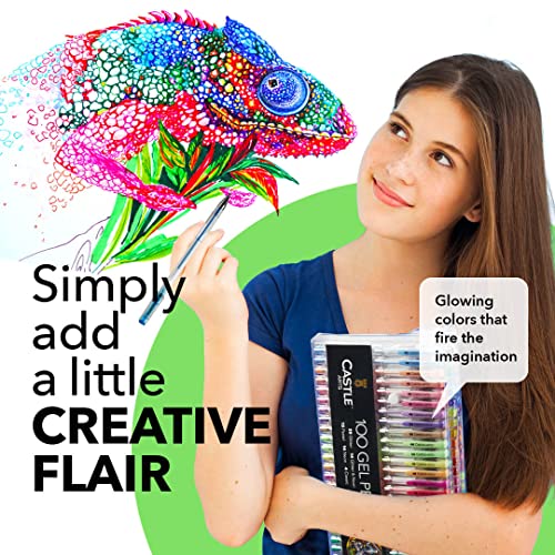Castle Art Supplies 100 Gel Pens for Adult Colouring Set | Premium Boxed | Drawing, Scrapbooks, Journals | Amazing Colours, Effects – Swirl, Glitter, Neon, Pastel, Metallic - with Smooth, Fine Tips