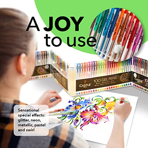 Castle Art Supplies 100 Gel Pens for Adult Colouring Set | Premium Boxed | Drawing, Scrapbooks, Journals | Amazing Colours, Effects – Swirl, Glitter, Neon, Pastel, Metallic - with Smooth, Fine Tips