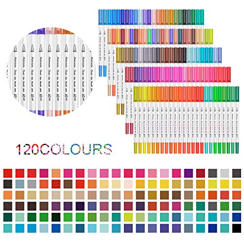 120 Colours Marker Pen Set Dual Tips Art Markers WaterColour Brush Pens for Kids Adults Drawing, Sketching, Highlighting & Underlining