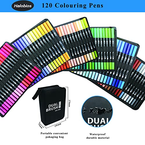 Halobios Colouring Pens, 120 Fineliner Felt Tip Pens Art Markers for Adults Kids Artist Beginner, Dual Tip Brush Marker Pens for Drawing Sketching Adult Colouring Books Bullet Journal Calligraph