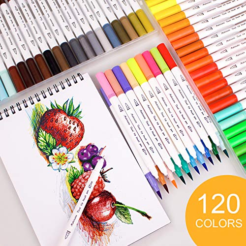 120 Colours Marker Pen Set Dual Tips Art Markers WaterColour Brush Pens for Kids Adults Drawing, Sketching, Highlighting & Underlining