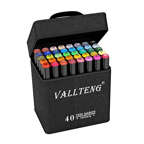 Vallteng 40 Colours Art Markers Set Twin Marker Pens Broad Fine Point Graphic Marker Pen Architecture Design for Drawing Coloring Highlighting and Underlining