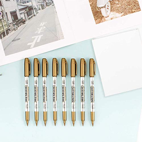Whaline Metallic Marker Pens 8Pcs Gold Permanent Markers Pen Drawing Pen for Back to School Card Making Scrapbooking Art Crafts Wedding Guest Book