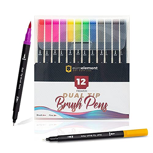 EuroElement Dual Tip Brush Pens Art Supplies Colouring Pens Set of 12/24/48 coloured Pens, Felt Tip Pens- Art Pens for kids and Adult Colouring Books- Fine Tip for Drawing, Brush Tips for Calligraphy