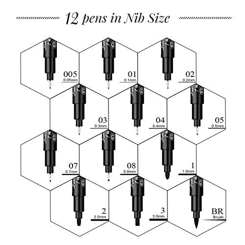 Gelanty Black Fineliner Pens Set 12 Pack Fineliners Technical Drawing Pens, Micro Liner Art Pens for Artist, Brush Pens for Art Sketching, Technical Drawing, Illustration, Comic