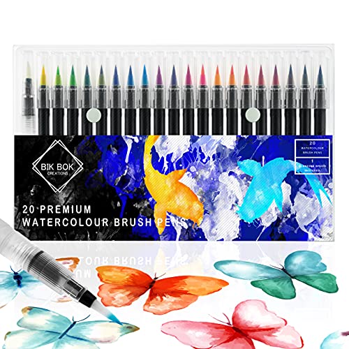 Bik bok creations Watercolour Brush Pens, 20 Water Based Ink Art Set for Colouring, Bullet Journals, Calligraphy and Drawing - Art and Crafts Supplies, Real Nylon Pens with Soft Water Blending Brush