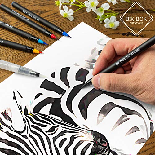 Bik bok creations Watercolour Brush Pens, 20 Water Based Ink Art Set for Colouring, Bullet Journals, Calligraphy and Drawing - Art and Crafts Supplies, Real Nylon Pens with Soft Water Blending Brush