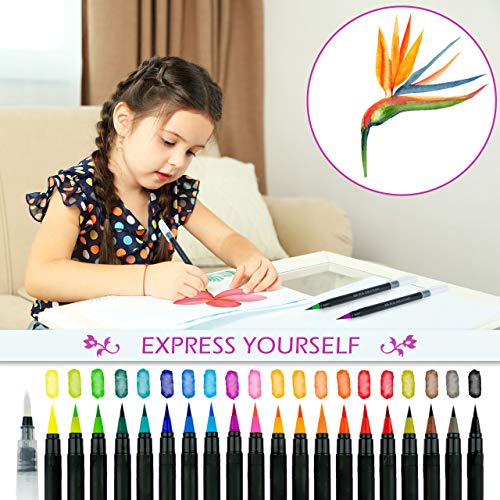 Bik bok creations Watercolour Brush Pens, 20 Water Based Ink Art Set for Colouring, Bullet Journals, Calligraphy and Drawing - Art and Crafts Supplies, Real Nylon Pens with Soft Water Blending Brush