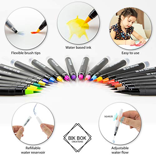 Bik bok creations Watercolour Brush Pens, 20 Water Based Ink Art Set for Colouring, Bullet Journals, Calligraphy and Drawing - Art and Crafts Supplies, Real Nylon Pens with Soft Water Blending Brush