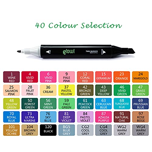 Glowl 40 Colours Graphic Marker for Artists with Dual Tips - Permanent Art Alcohol Markers Felt Tip & Chisel Tip Pens for Both Adults & Kids - Perfect for Colouring, Highlighting, and Drawing