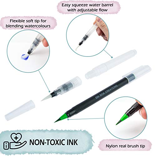 Bik bok creations Watercolour Brush Pens, 20 Water Based Ink Art Set for Colouring, Bullet Journals, Calligraphy and Drawing - Art and Crafts Supplies, Real Nylon Pens with Soft Water Blending Brush