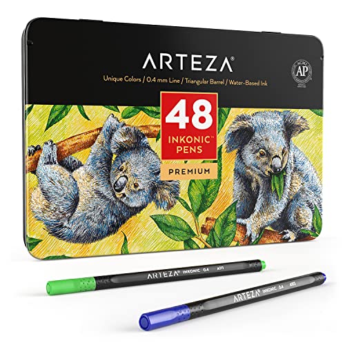 ARTEZA Inkonic Fineliner Pen Set, 0.4 mm Tips, Set of 48 Colours, Water-Based, Non-Toxic, Fine Tip Colouring Pens for Drawing, Sketching & Mixed Media Art