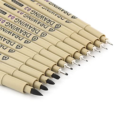 AIEX Drawing Art Pens, Micron Pen Set of 12 Black Multiliner Pens Waterproof Fineliner Ink Pens for Drawing and Sketching Smooth Writing Pigment Pen with Various Tip Sizes for Multi-Purpose