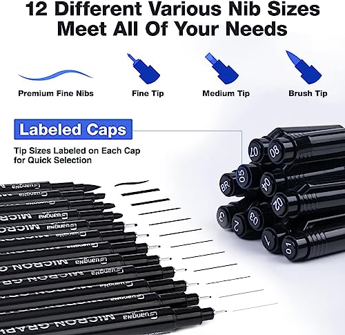 Black Fineliner Pens, 12 Pack Fineliners Technical Drawing Pens Micro Liner Sketch Pens for Artists, Fineliner Pen for Sketching Drawing Illustration Manga Scrapbooking Office Documents Art Supplies