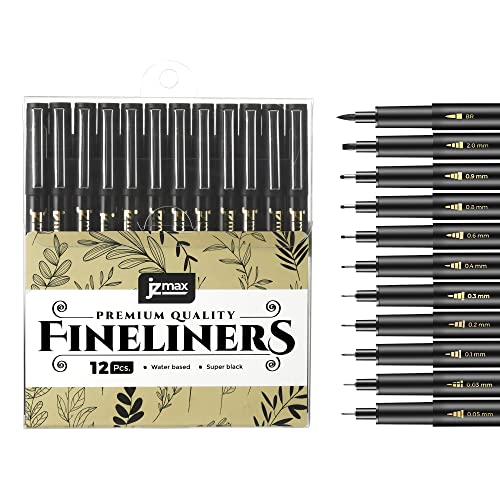 JZMAX Black Fineliner Pens Set Art Supplies - 12 Pack Fineliners Technical Drawing Pens- Microliner Art Pens for Artist, Brush Pens for Handwriting, Calligraphy, Sketching, Illustrations, Drawing