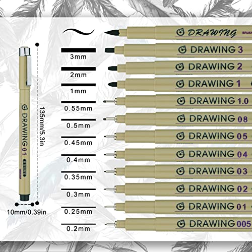 AIEX Drawing Art Pens, Micron Pen Set of 12 Black Multiliner Pens Waterproof Fineliner Ink Pens for Drawing and Sketching Smooth Writing Pigment Pen with Various Tip Sizes for Multi-Purpose