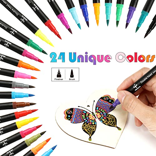 Mitoymia 24 Dual Tip Colouring Pens brush pens,Felt Tip Pens for Adults and children drawing pens,coloured pens art pens Set brush pens for colouring markers