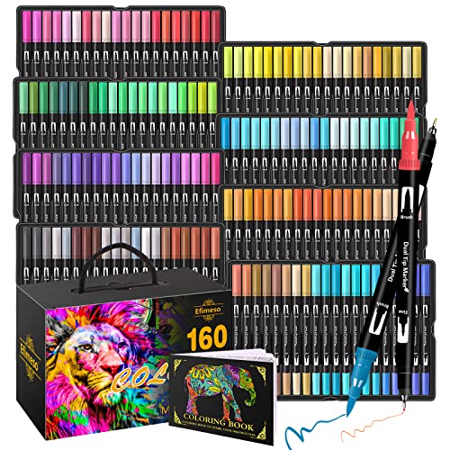 Efimeso 160 Colour Felt Tip Pens, Dual Tip Brush Marker,Colouring Pens Fineliners Art Supplies for Drawing Sketching Colouring Book