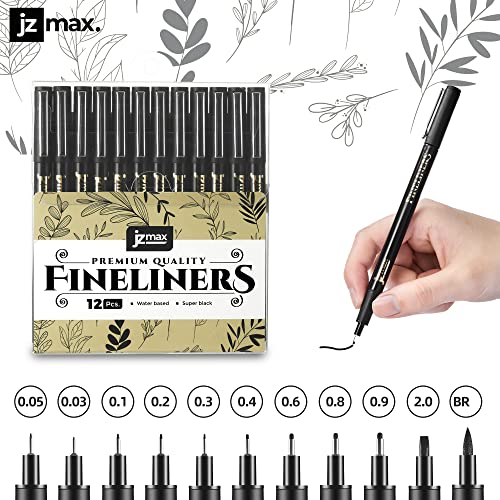 JZMAX Black Fineliner Pens Set Art Supplies - 12 Pack Fineliners Technical Drawing Pens- Microliner Art Pens for Artist, Brush Pens for Handwriting, Calligraphy, Sketching, Illustrations, Drawing