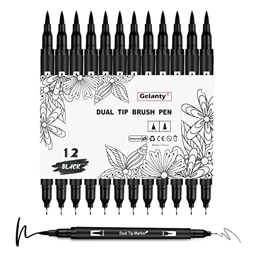 Gelanty Felt Tip Pens, 12 Pack Black Markers Colouring Pens for Adults and Children, 0.4mm Fineliners Pens for Art Drawing Sketching