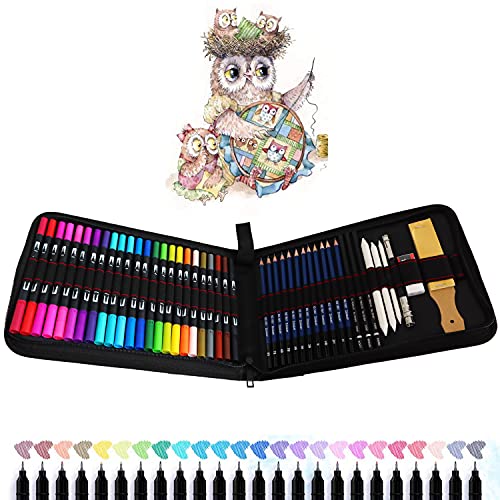 TVGO Fineliner Pens, 24 Dual Tip Brush Pens, 12 Sketching Pencils and Drawing Art Set Attached Painting Book for Children and Adults Colouring, Sketching, Painting