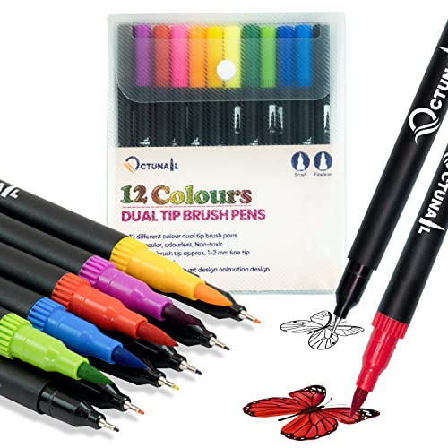 OCTUNAIL Dual Tip Brush Pens Pack of 12 – Colouring Pens for Drawing, Sketching, Calligraphy, Painting, Journaling – Art Supplies Felt Tip Pens for Kids, Adults, Beginners & Artists