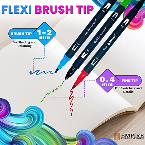 Empire 24 Dual Tip Colouring Pens with 15 Patterns Book, Felt Tip Pens, Fineliner Drwaing Brush Pens for Adults & Kids Coloured Pens Felt Tips - Art Supplies Drawing Pens for Calligraphy Painting