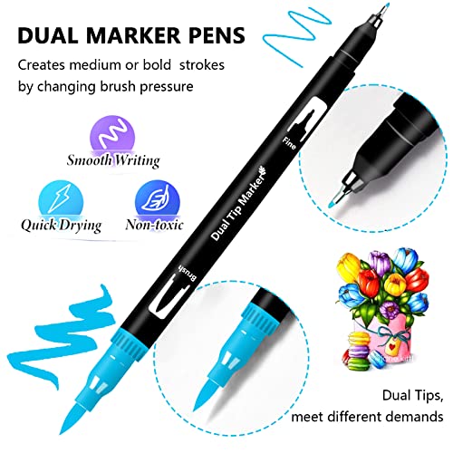Efimeso 160 Colour Felt Tip Pens, Dual Tip Brush Marker,Colouring Pens Fineliners Art Supplies for Drawing Sketching Colouring Book