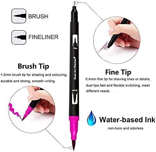 TVGO Fineliner Pens, 24 Dual Tip Brush Pens, 12 Sketching Pencils and Drawing Art Set Attached Painting Book for Children and Adults Colouring, Sketching, Painting