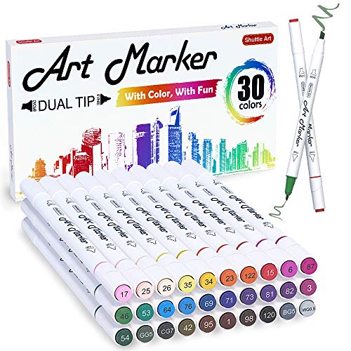 Shuttle Art 30 Colours Art Pens, Dual Tip Alcohol Based Markers Pens for Kids and Adult, Ideal Graphic Art Markers for Colouring, Drawing, Sketching and Cards Making