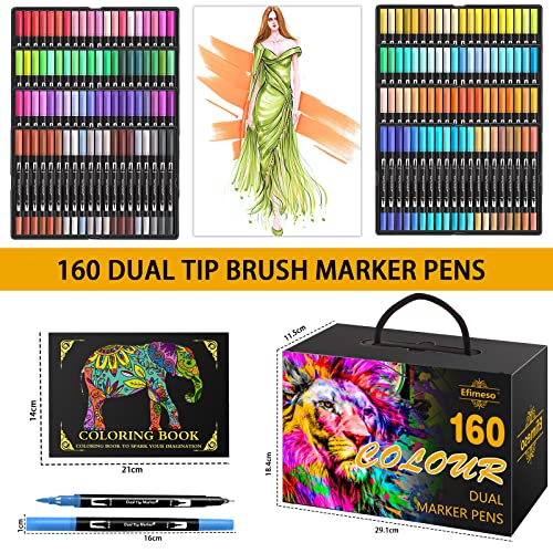 Efimeso 160 Colour Felt Tip Pens, Dual Tip Brush Marker,Colouring Pens Fineliners Art Supplies for Drawing Sketching Colouring Book
