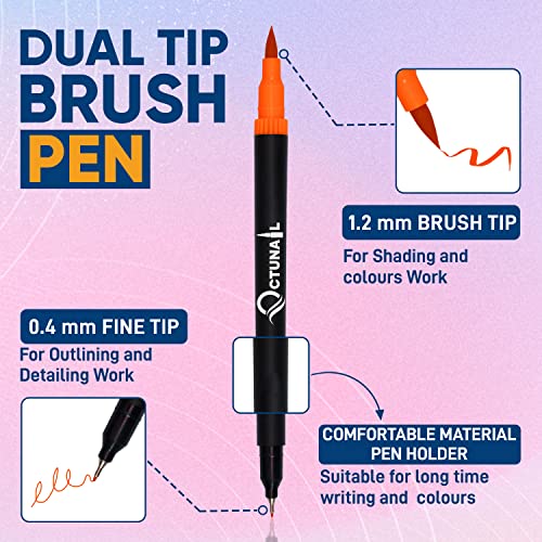 OCTUNAIL Dual Tip Brush Pens Pack of 12 – Colouring Pens for Drawing, Sketching, Calligraphy, Painting, Journaling – Art Supplies Felt Tip Pens for Kids, Adults, Beginners & Artists